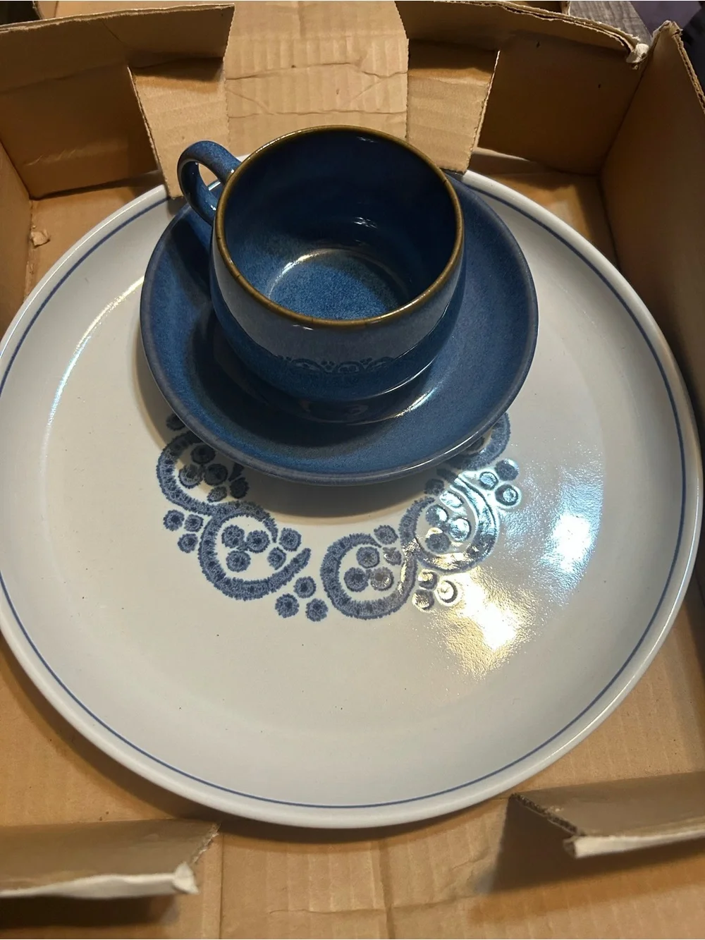 English Blue 3 Piece Place Setting Made In England . Cup, Saucer , Dinner Plate